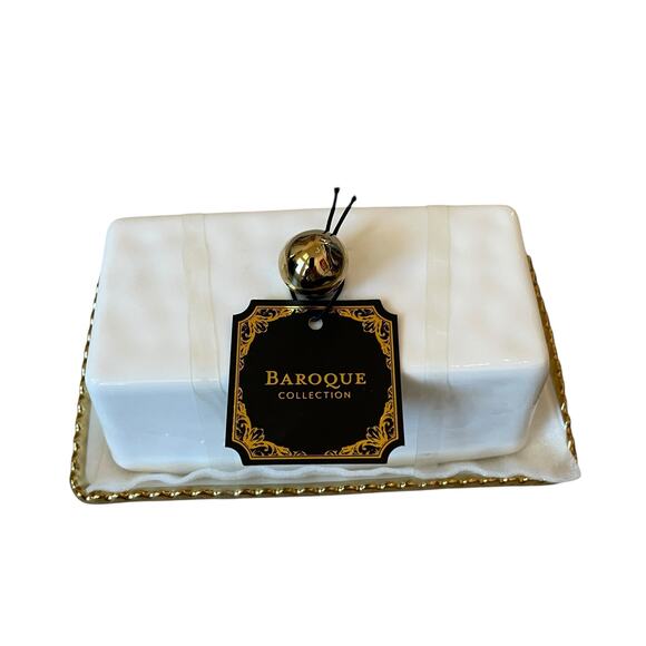 Baroque Covered Butter Dish 7in White Ceramic w/ Gold Beaded Trim Glam NEW - Picture 14 of 15